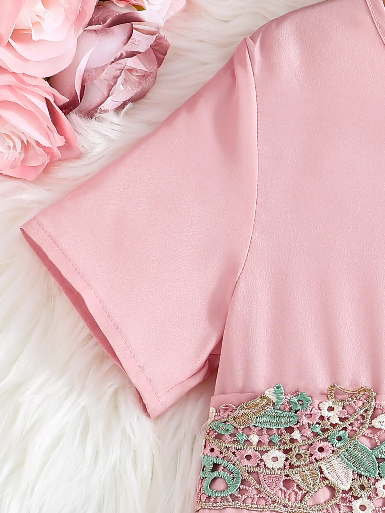 Summer Retro Elegant Girls' Waist Decal Round Neck Zipper Short Sleeved Solid Color Medium Long Dress