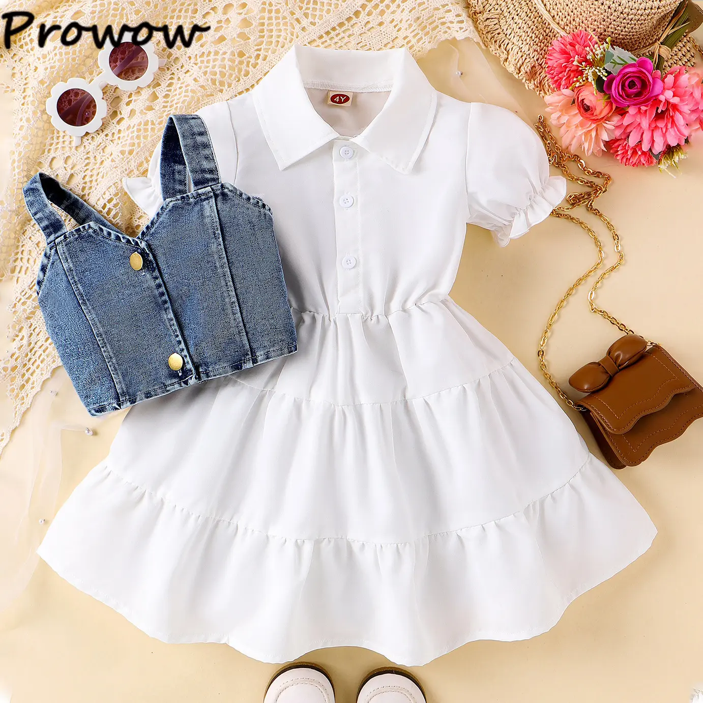 Prowow Girls Party Dresses Fashion Denim Beading Vest+Puffy White Dress For Girls Kids Clothes Gift Children Shirt Dresses