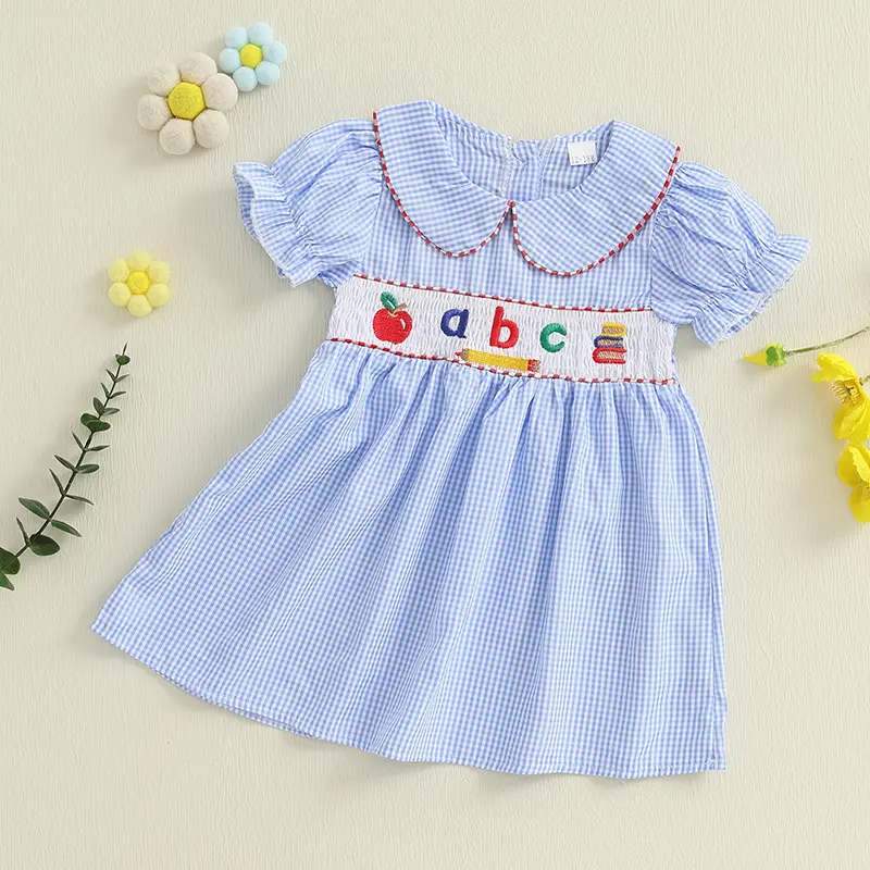 Pudcoco Toddler Baby Girls Dress Letter Apple Embroidery Plaid Doll Collar Short Sleeve Casual Dress Kids Summer Dress 1-7T