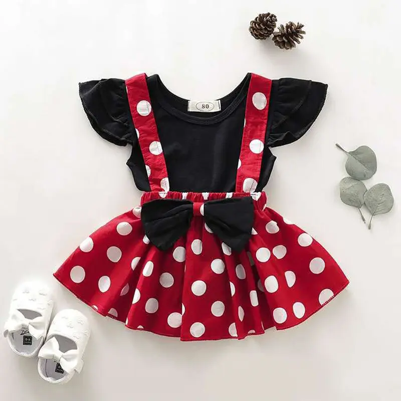 2Pcs/Set Baby Girl Dress Summer Girl Bow Polka Dot Dress Two-Piece Set Cute Girl Princess Dress Set Performance Outfit