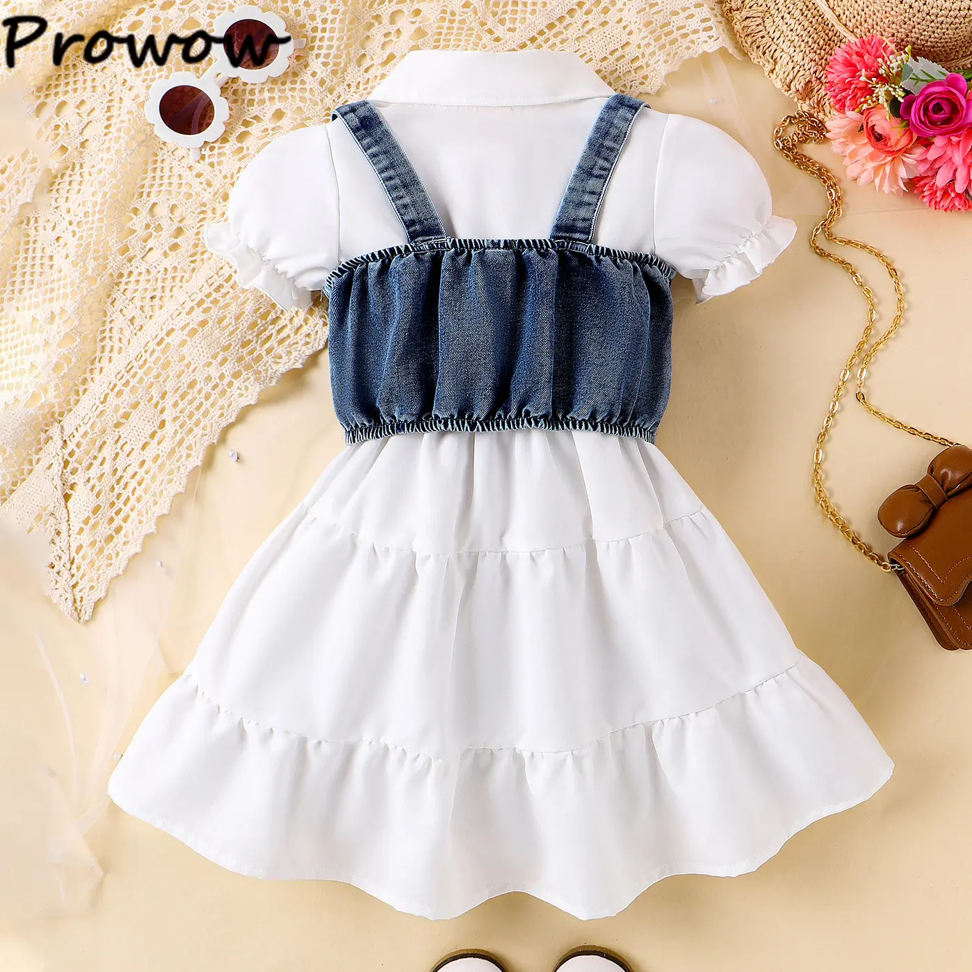 Prowow Girls Party Dresses Fashion Denim Beading Vest+Puffy White Dress For Girls Kids Clothes Gift Children Shirt Dresses