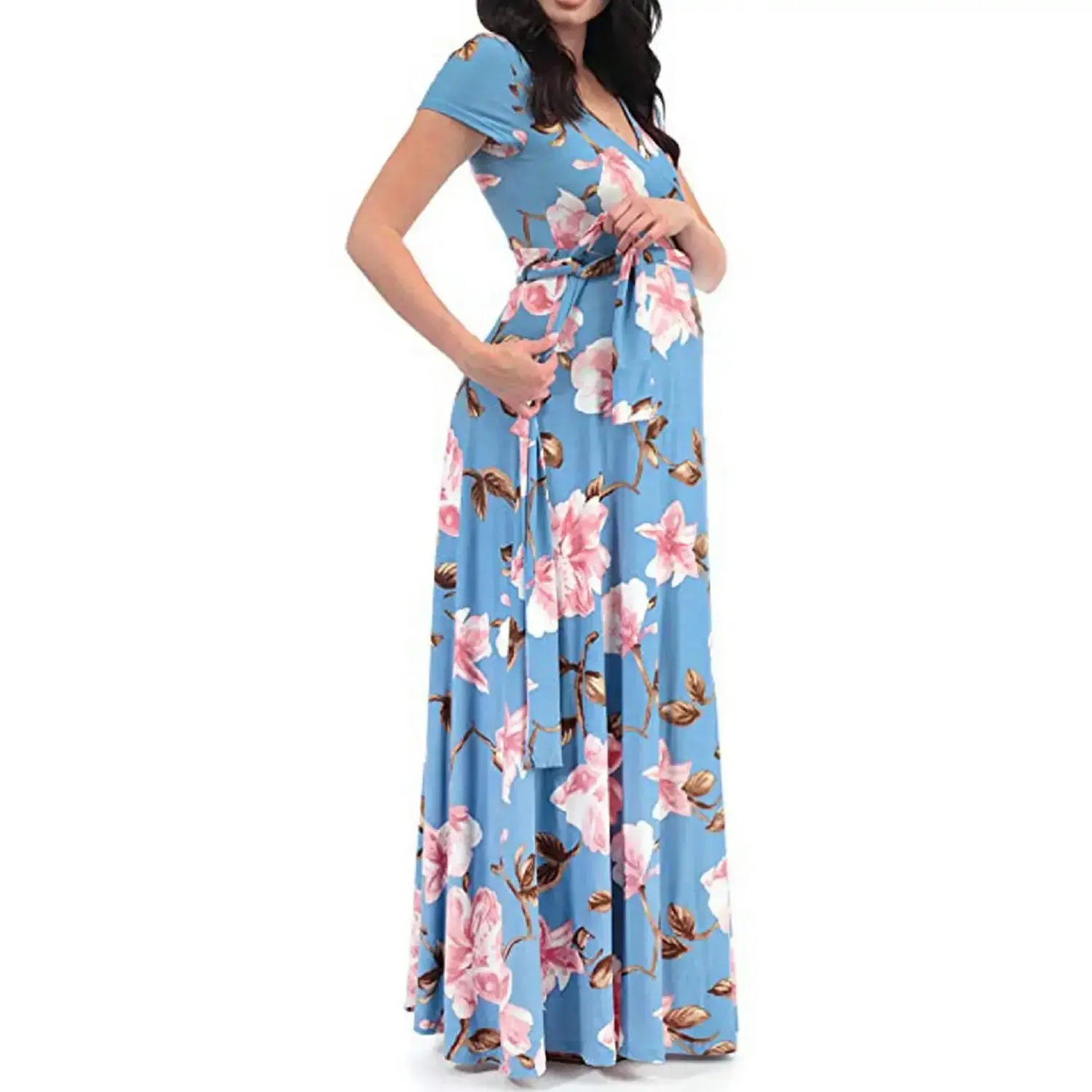Maternity Floral Short-Sleeved Dress Women's    Pregnant Women  Long  Summer Pregnancy
