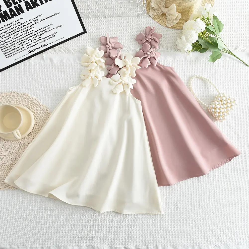 Summer New 2 To 7 Year Old Solid Color Sweet Girls Clothing Korean Version Pink 3D Flower Decoration Temperament Princess Dress