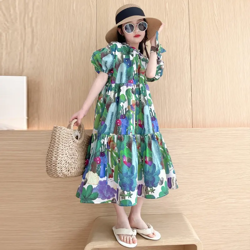 2025 Girls' Dress Summer New Children's Print Loose Beach Vacation Long Dress Girls Sweet and Slim Princess Dress