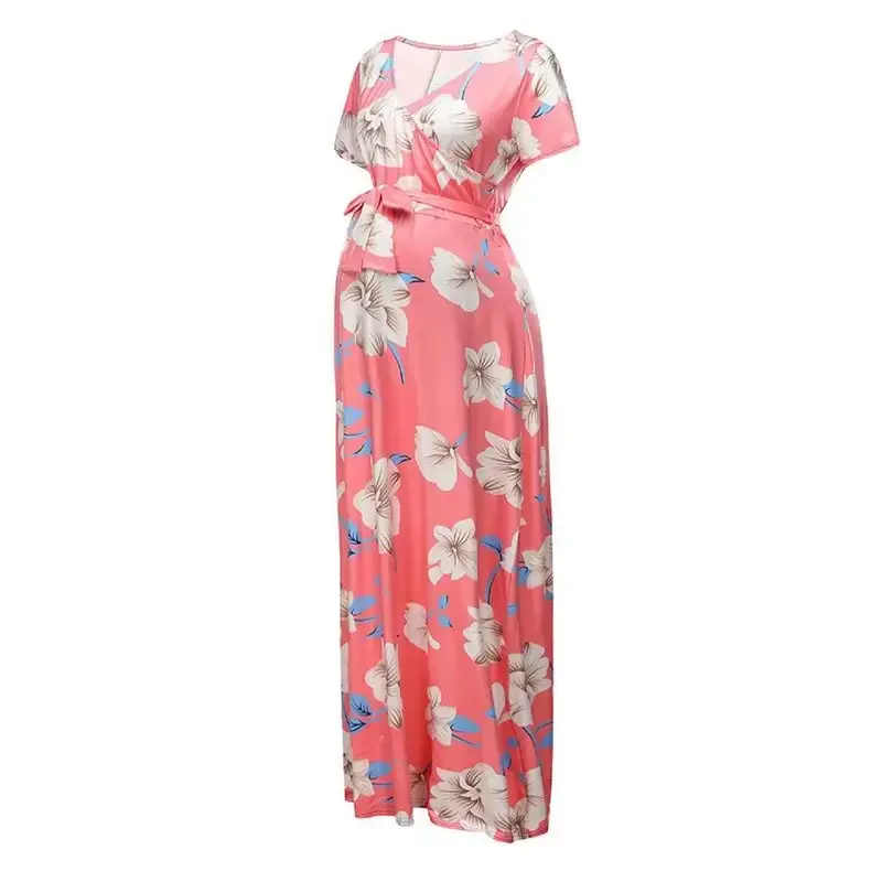 Maternity Floral Short-Sleeved Dress Women's    Pregnant Women  Long  Summer Pregnancy