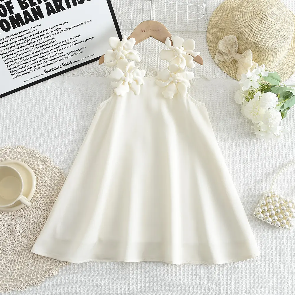 Summer New 2 To 7 Year Old Solid Color Sweet Girls Clothing Korean Version Pink 3D Flower Decoration Temperament Princess Dress