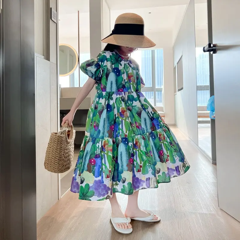 2025 Girls' Dress Summer New Children's Print Loose Beach Vacation Long Dress Girls Sweet and Slim Princess Dress