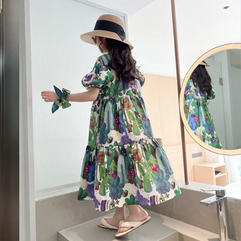 2025 Girls' Dress Summer New Children's Print Loose Beach Vacation Long Dress Girls Sweet and Slim Princess Dress