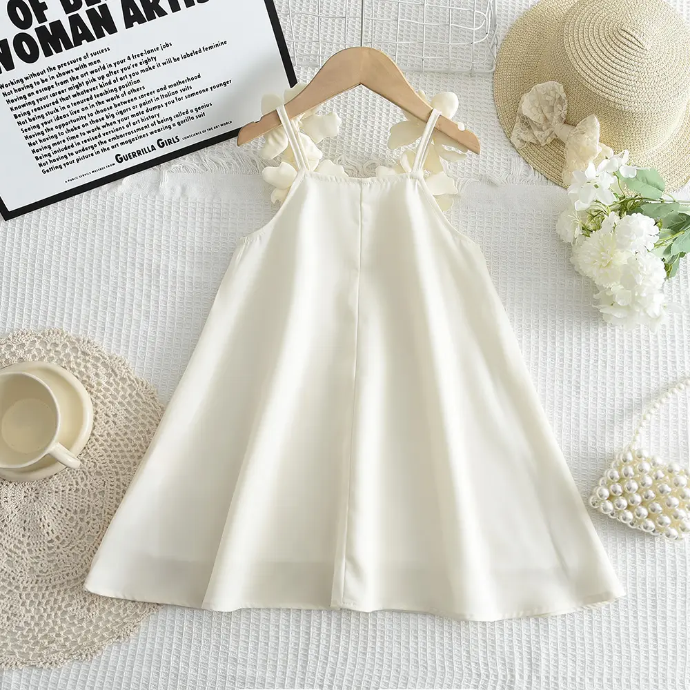 Summer New 2 To 7 Year Old Solid Color Sweet Girls Clothing Korean Version Pink 3D Flower Decoration Temperament Princess Dress
