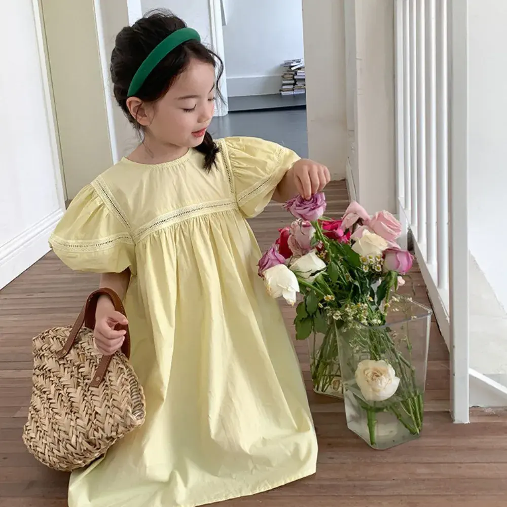 3 4 5 6 7 Years Old Summer New Solid Color Short Sleeved Round Neck Princess Dress Yellow Cute Flower Girl Dresses for Weddings