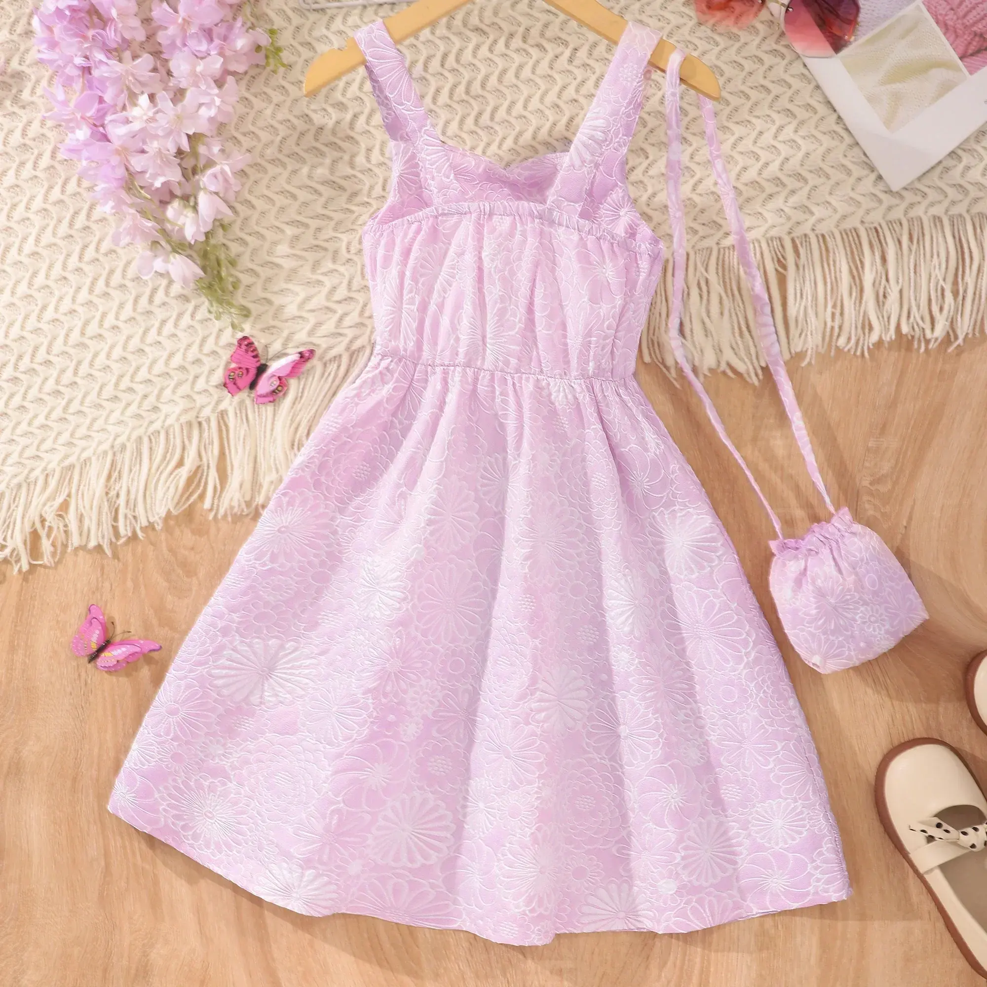 Summer Children's Wear Solid Color Embossed Matching Bag Hanging Strap Dress Elegant Princess Girls Dresses 8 9 10 11 12 Years