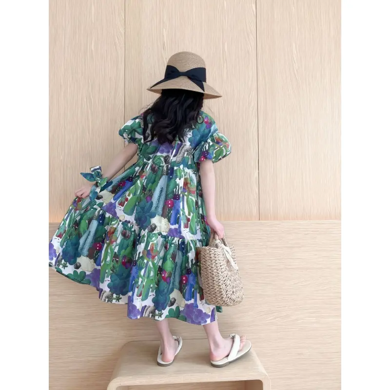 2025 Girls' Dress Summer New Children's Print Loose Beach Vacation Long Dress Girls Sweet and Slim Princess Dress