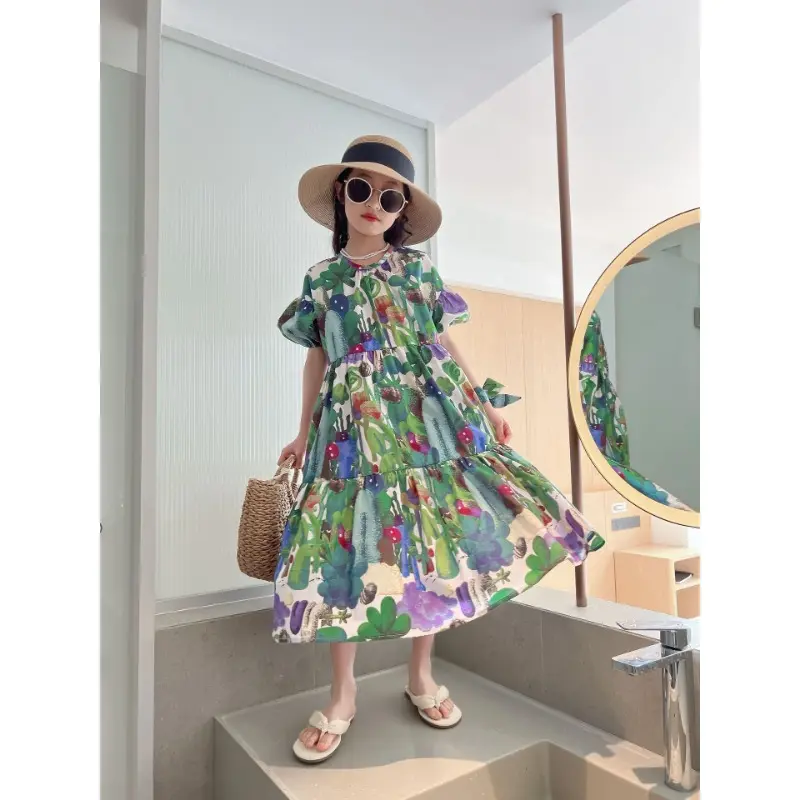 2025 Girls' Dress Summer New Children's Print Loose Beach Vacation Long Dress Girls Sweet and Slim Princess Dress