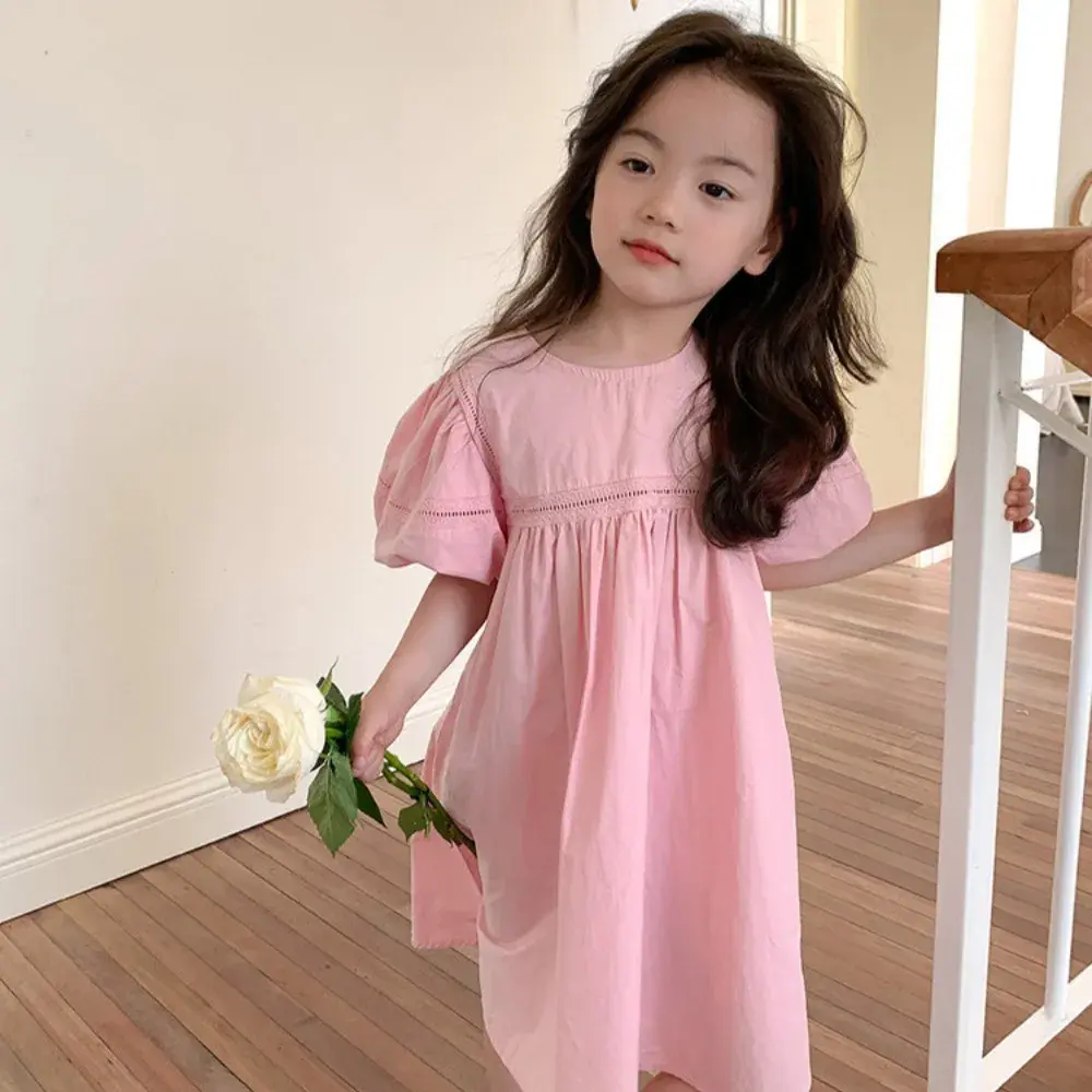 3 4 5 6 7 Years Old Summer New Solid Color Short Sleeved Round Neck Princess Dress Yellow Cute Flower Girl Dresses for Weddings