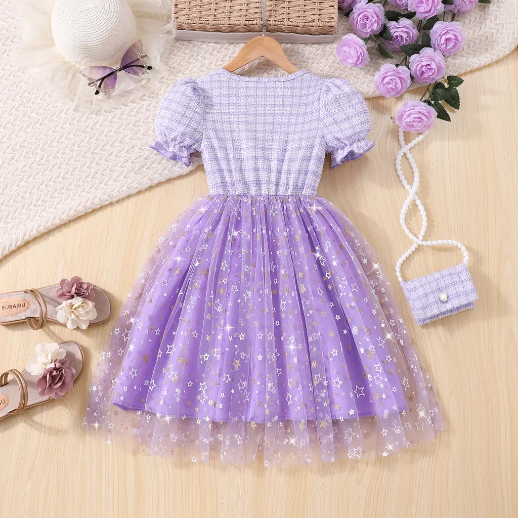 [Free Bag] Girl Plaid Dress Summer Purple Short Sleeve Children Princess Dresses Fashion Kids Girl Party Outfit 8 9 10 11 12Yrs