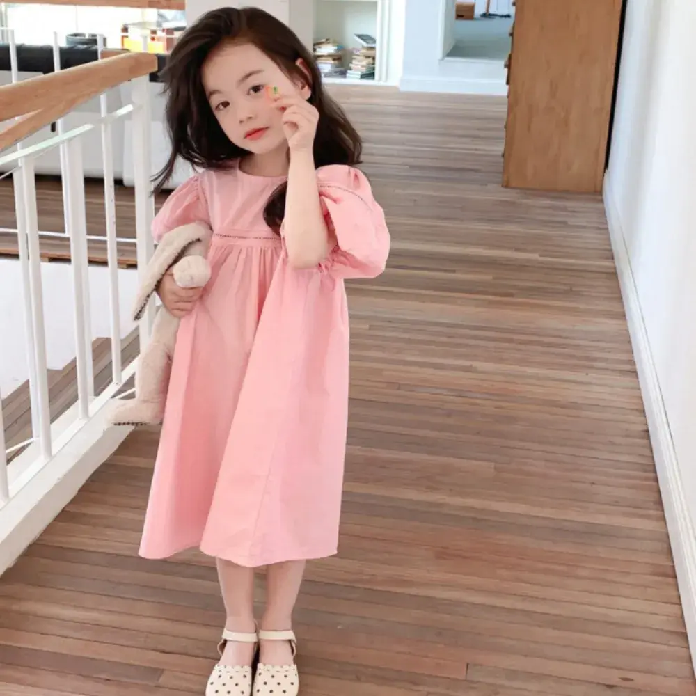 3 4 5 6 7 Years Old Summer New Solid Color Short Sleeved Round Neck Princess Dress Yellow Cute Flower Girl Dresses for Weddings