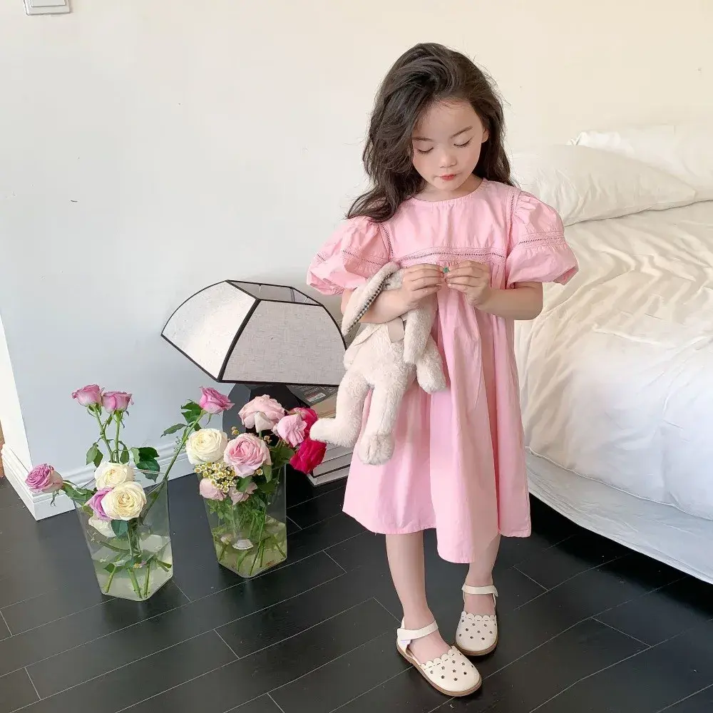 3 4 5 6 7 Years Old Summer New Solid Color Short Sleeved Round Neck Princess Dress Yellow Cute Flower Girl Dresses for Weddings
