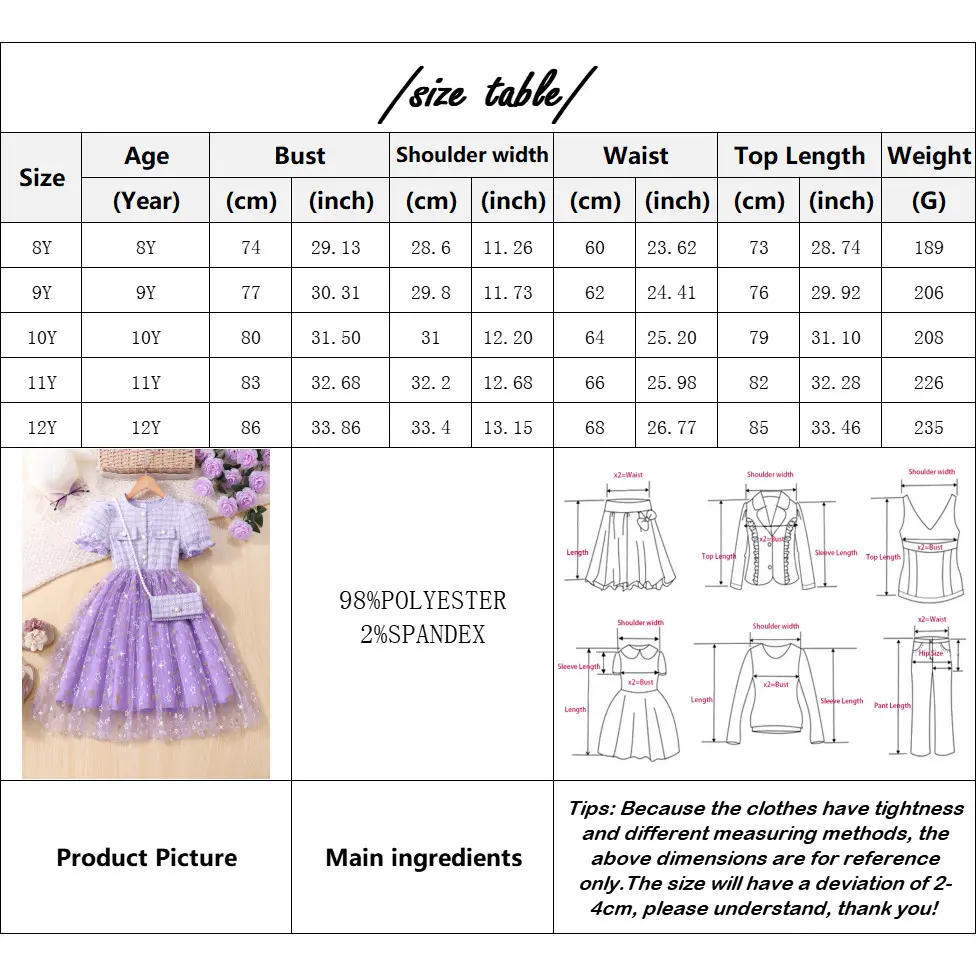 [Free Bag] Girl Plaid Dress Summer Purple Short Sleeve Children Princess Dresses Fashion Kids Girl Party Outfit 8 9 10 11 12Yrs