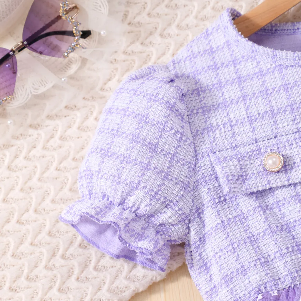 [Free Bag] Girl Plaid Dress Summer Purple Short Sleeve Children Princess Dresses Fashion Kids Girl Party Outfit 8 9 10 11 12Yrs