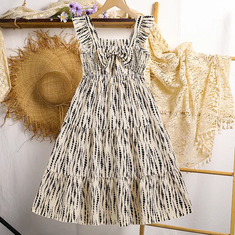 2025 New Summer Kids Clothing Beige Striped Square Neck Wing-Sleeve A-Line Dress For Girls Korean Style Daliy Casual Set