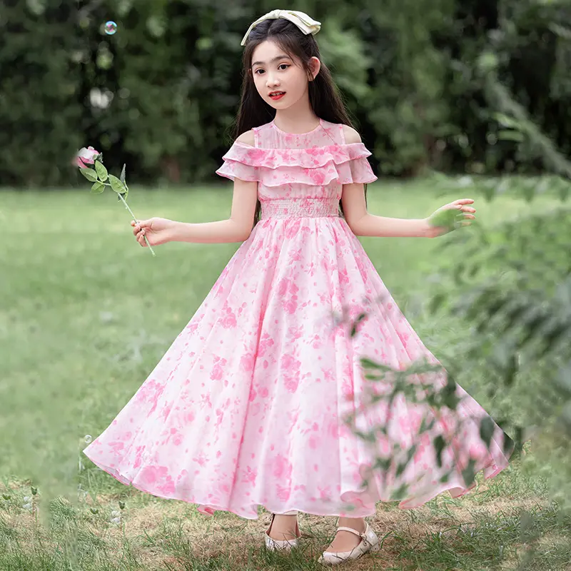 Long dress for girls, casual wear for little girls in summer, floral pattern dress, romantic princess dress in vacation style