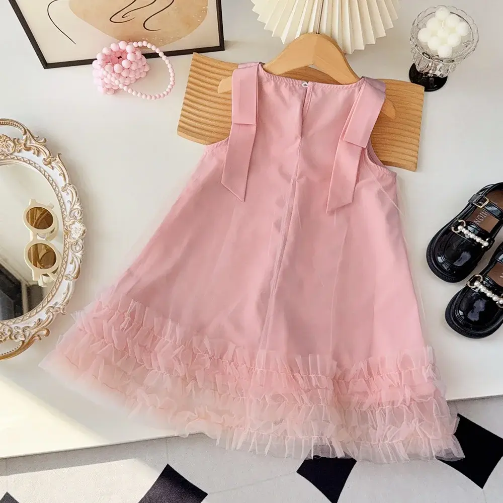 Bear Leader Korean Version Sleeveless Baby Pink Dresses Easter Summer Bow Mesh Birthday Dress Baby Girl Clothes 2 To 7 Years Old