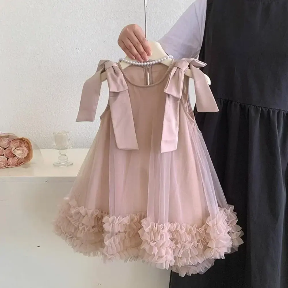 Bear Leader Korean Version Sleeveless Baby Pink Dresses Easter Summer Bow Mesh Birthday Dress Baby Girl Clothes 2 To 7 Years Old