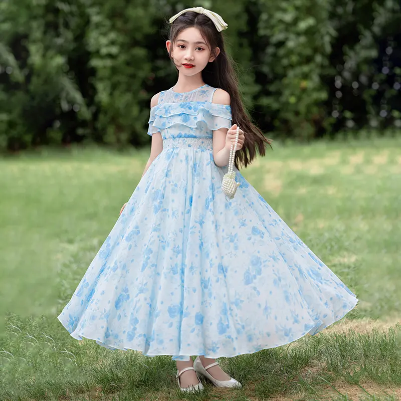 Long dress for girls, casual wear for little girls in summer, floral pattern dress, romantic princess dress in vacation style