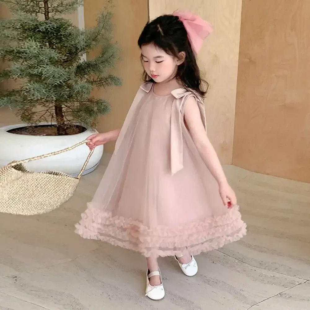 Bear Leader Korean Version Sleeveless Baby Pink Dresses Easter Summer Bow Mesh Birthday Dress Baby Girl Clothes 2 To 7 Years Old