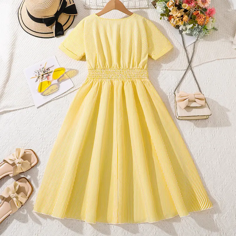 Kids Dress 2025 New Summer 8-12 Years Light Yellow Striped Short-Sleeved Dress Elegant Elegant Simple Cute Girls Casual Dress