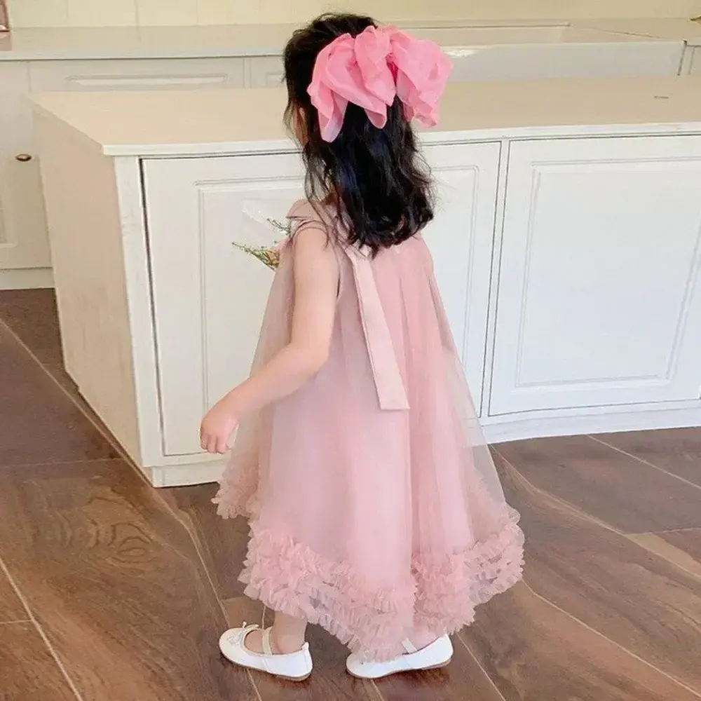 Bear Leader Korean Version Sleeveless Baby Pink Dresses Easter Summer Bow Mesh Birthday Dress Baby Girl Clothes 2 To 7 Years Old