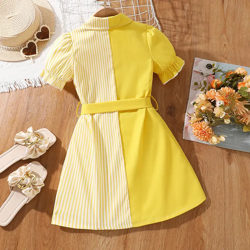 Summer Yellow And White Turn-Down Collar Short Sleeve Striped Shirt A-Line  Dress  For Girls 4-7 Years Sweet Style  Daily Casual