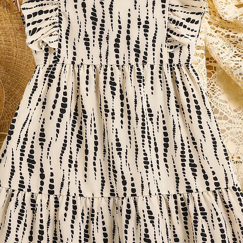 2025 New Summer Kids Clothing Beige Striped Square Neck Wing-Sleeve A-Line Dress For Girls Korean Style Daliy Casual Set