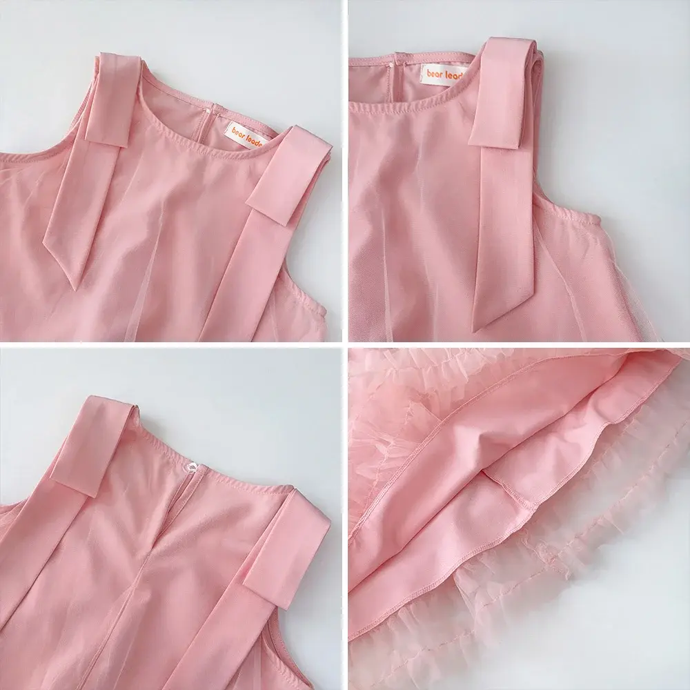 Bear Leader Korean Version Sleeveless Baby Pink Dresses Easter Summer Bow Mesh Birthday Dress Baby Girl Clothes 2 To 7 Years Old