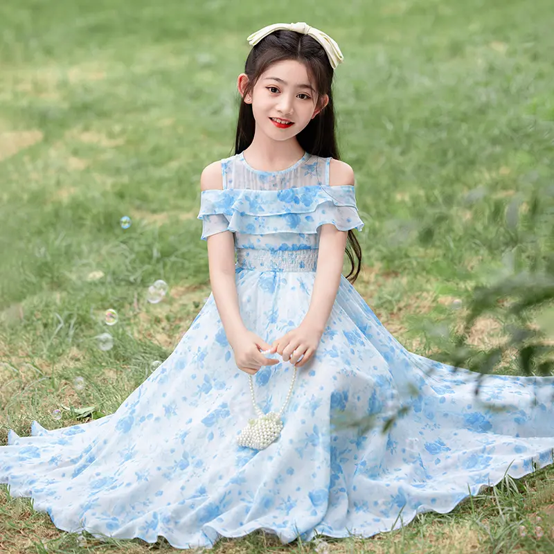 Long dress for girls, casual wear for little girls in summer, floral pattern dress, romantic princess dress in vacation style