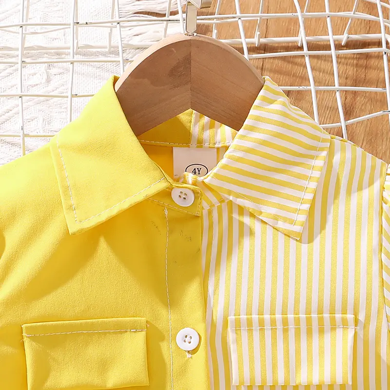 Summer Yellow And White Turn-Down Collar Short Sleeve Striped Shirt A-Line  Dress  For Girls 4-7 Years Sweet Style  Daily Casual