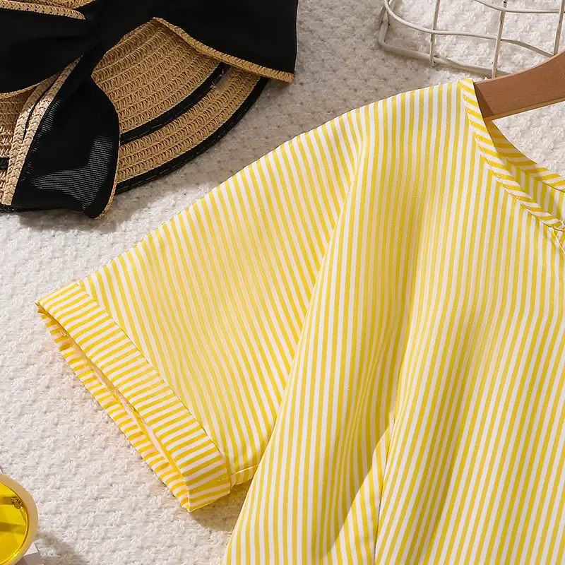 Kids Dress 2025 New Summer 8-12 Years Light Yellow Striped Short-Sleeved Dress Elegant Elegant Simple Cute Girls Casual Dress