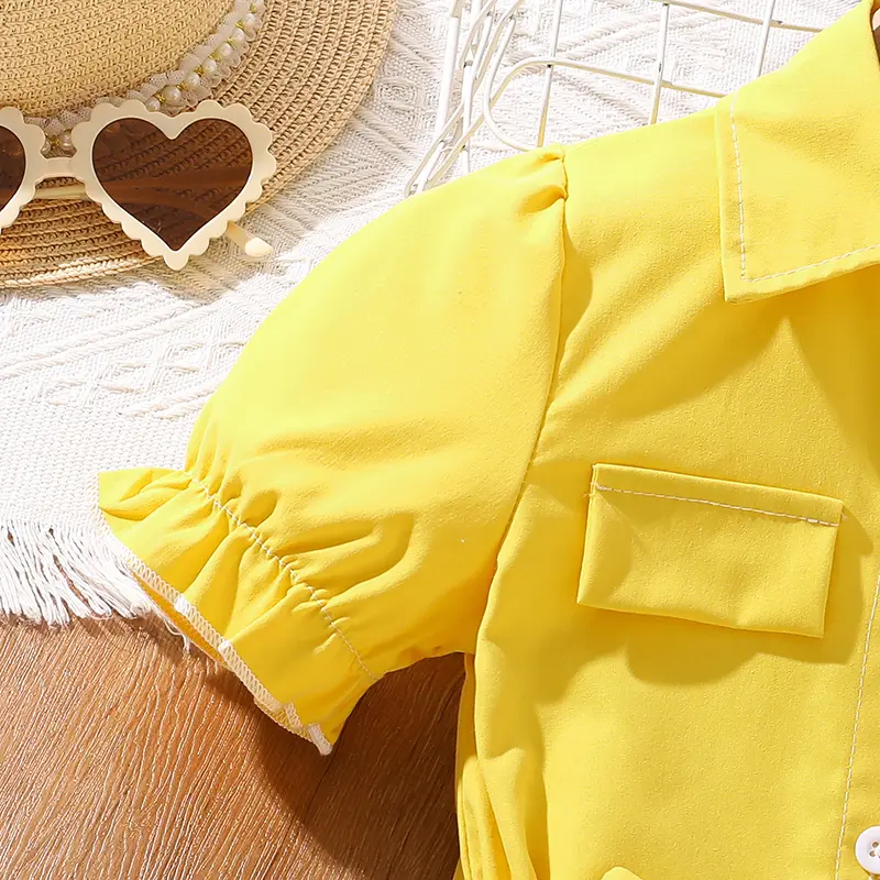 Summer Yellow And White Turn-Down Collar Short Sleeve Striped Shirt A-Line  Dress  For Girls 4-7 Years Sweet Style  Daily Casual