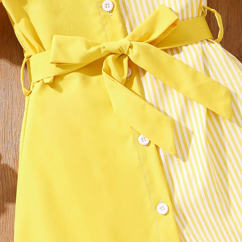 Summer Yellow And White Turn-Down Collar Short Sleeve Striped Shirt A-Line  Dress  For Girls 4-7 Years Sweet Style  Daily Casual