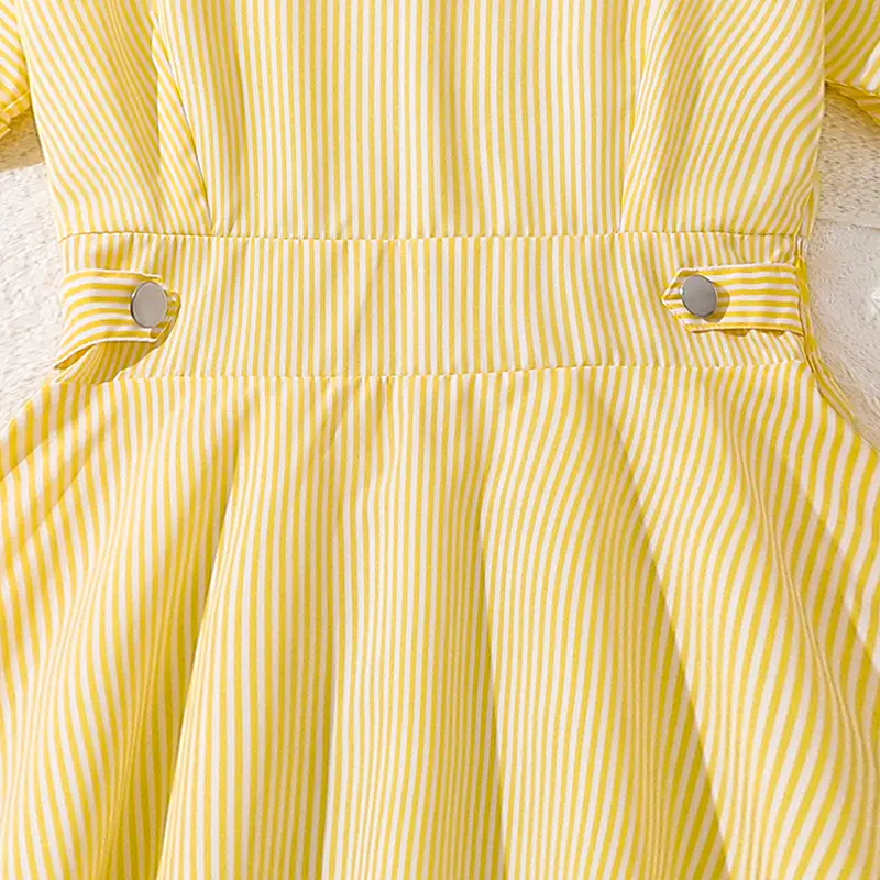 Kids Dress 2025 New Summer 8-12 Years Light Yellow Striped Short-Sleeved Dress Elegant Elegant Simple Cute Girls Casual Dress