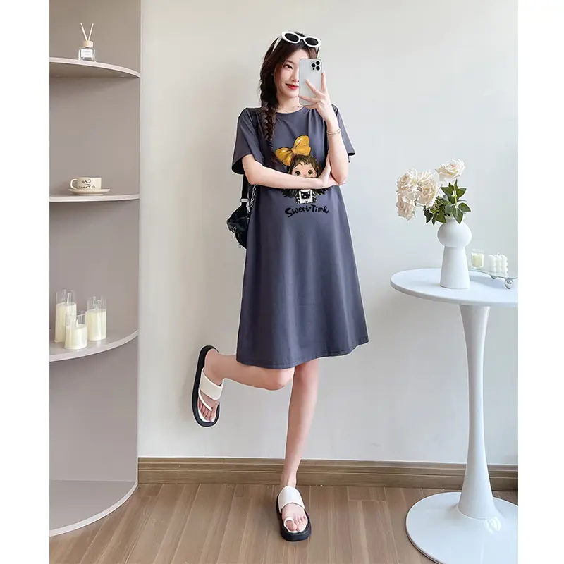 Maternity Dress Summer New Mid-Length Loose Thin Cover Stomach Maternity T-Shirt Tops Maternity Summer Thin Maternity Clothes