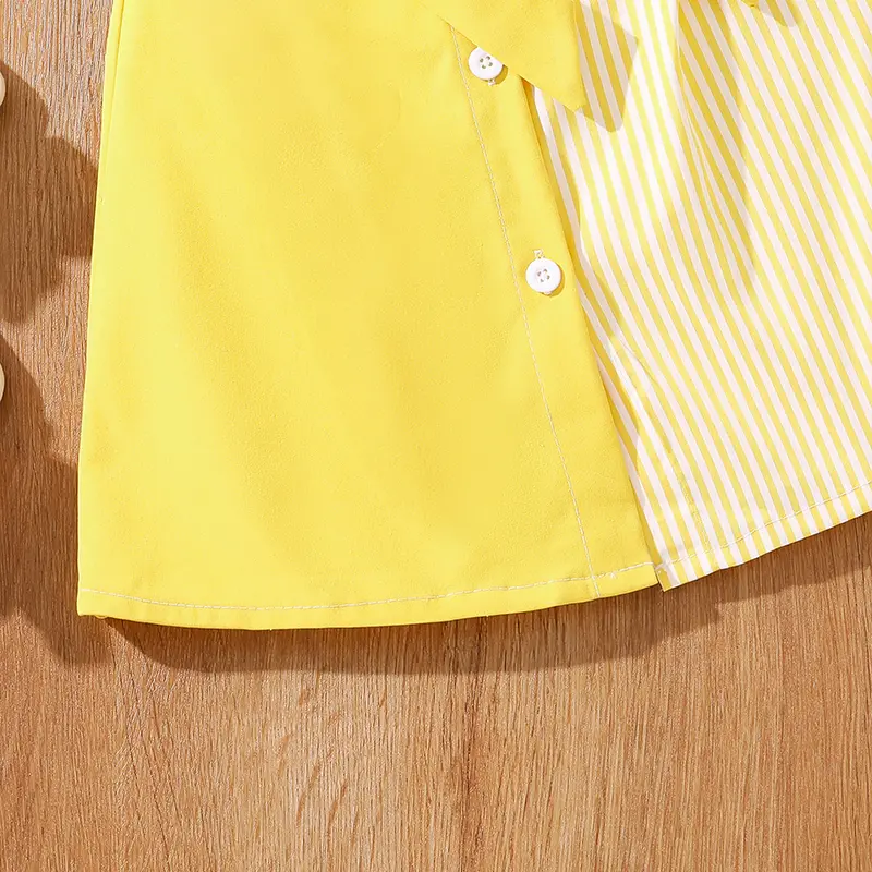 Summer Yellow And White Turn-Down Collar Short Sleeve Striped Shirt A-Line  Dress  For Girls 4-7 Years Sweet Style  Daily Casual