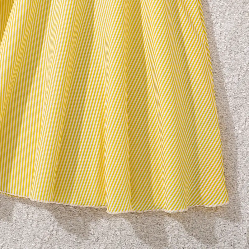 Kids Dress 2025 New Summer 8-12 Years Light Yellow Striped Short-Sleeved Dress Elegant Elegant Simple Cute Girls Casual Dress