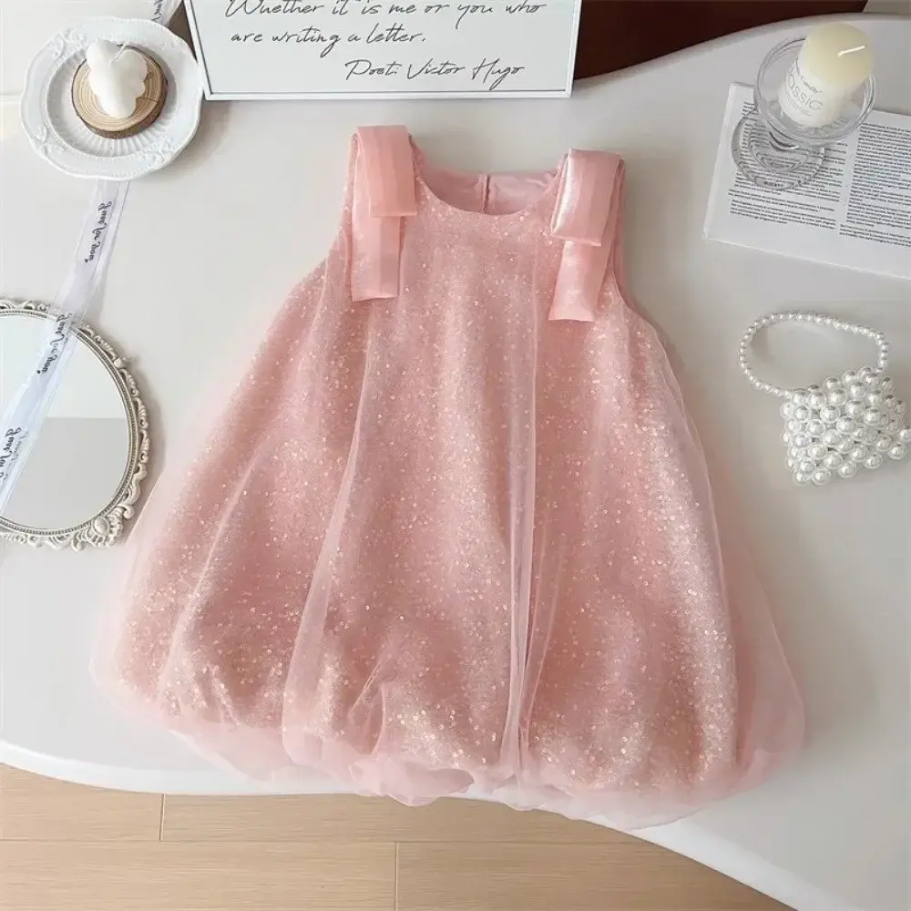 Flower Girl Dress Purple Mesh Sequin Birthday Party Children's Clothing Solid Color Vest Kids Dresses for Girls Casual Wear