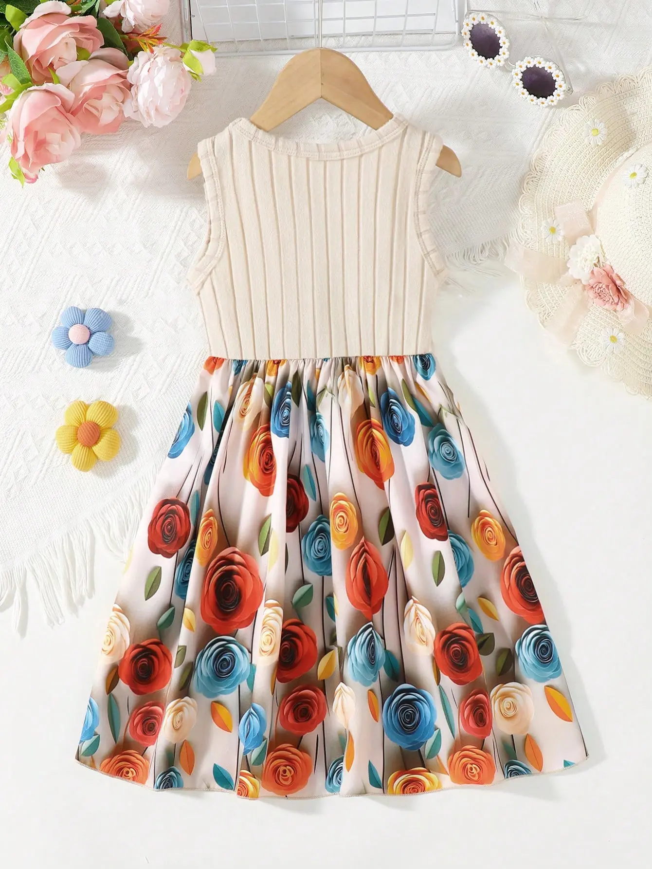 Girls' Summer  Geometric Print Hem Round Neck Sleeveless Dress For Summer
