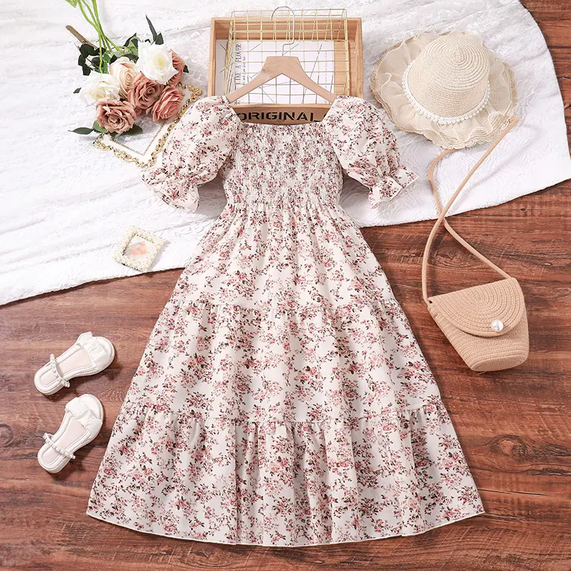 Children Summer Girls 8-12 Years Old Black Short Sleeve Puffed Sleeve Print Long Skirt Holiday Loose Comfortable Pastoral Dress