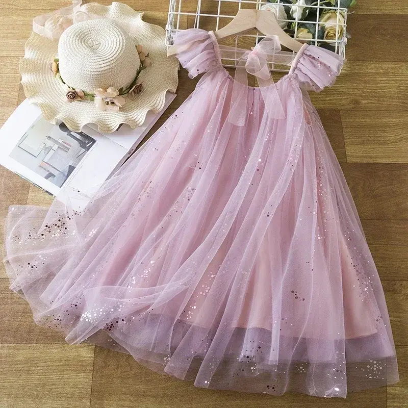 Summer Dress for Girl Pink Sling Mesh Girls Princess Dress 2024 New Children Birthday Party Dress 3-8Y Kids Girl Casual Clothing