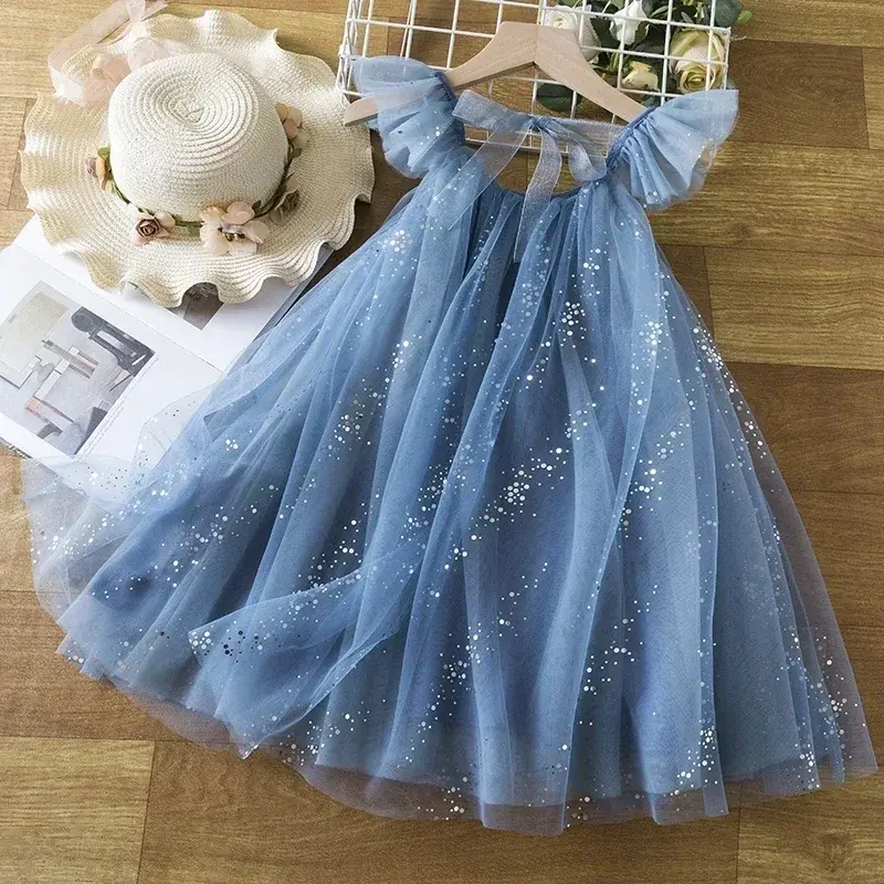 Summer Dress for Girl Pink Sling Mesh Girls Princess Dress 2024 New Children Birthday Party Dress 3-8Y Kids Girl Casual Clothing
