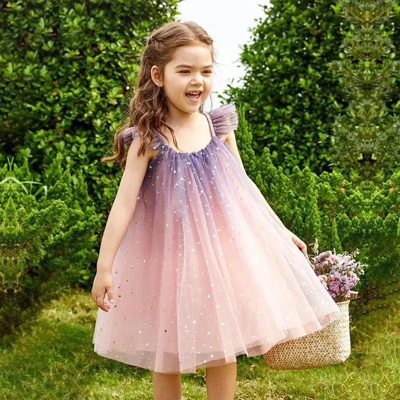 Summer Dress for Girl Pink Sling Mesh Girls Princess Dress 2024 New Children Birthday Party Dress 3-8Y Kids Girl Casual Clothing