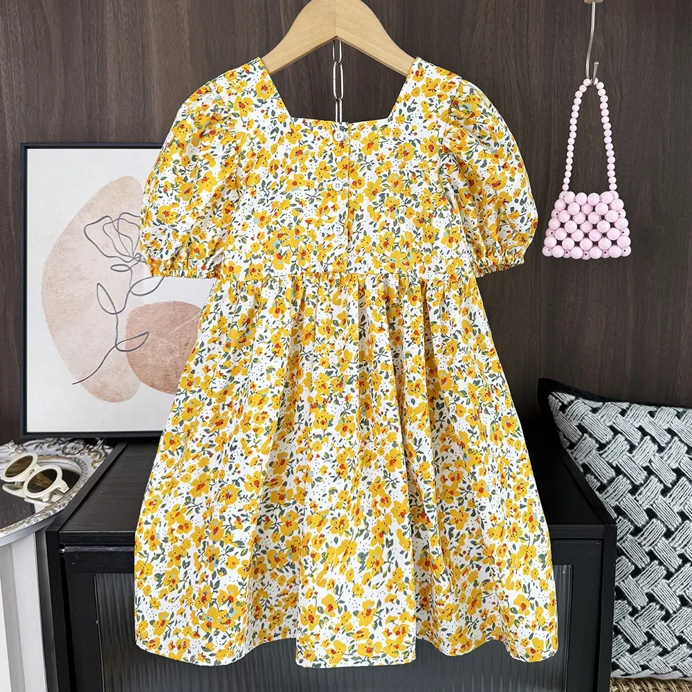 Girls Summer Casual Puff Sleeve Square Collar Sweet Cute Flower Print Princess Dress 1 Pc 3-7 Years Kids Party Fashion Clothing